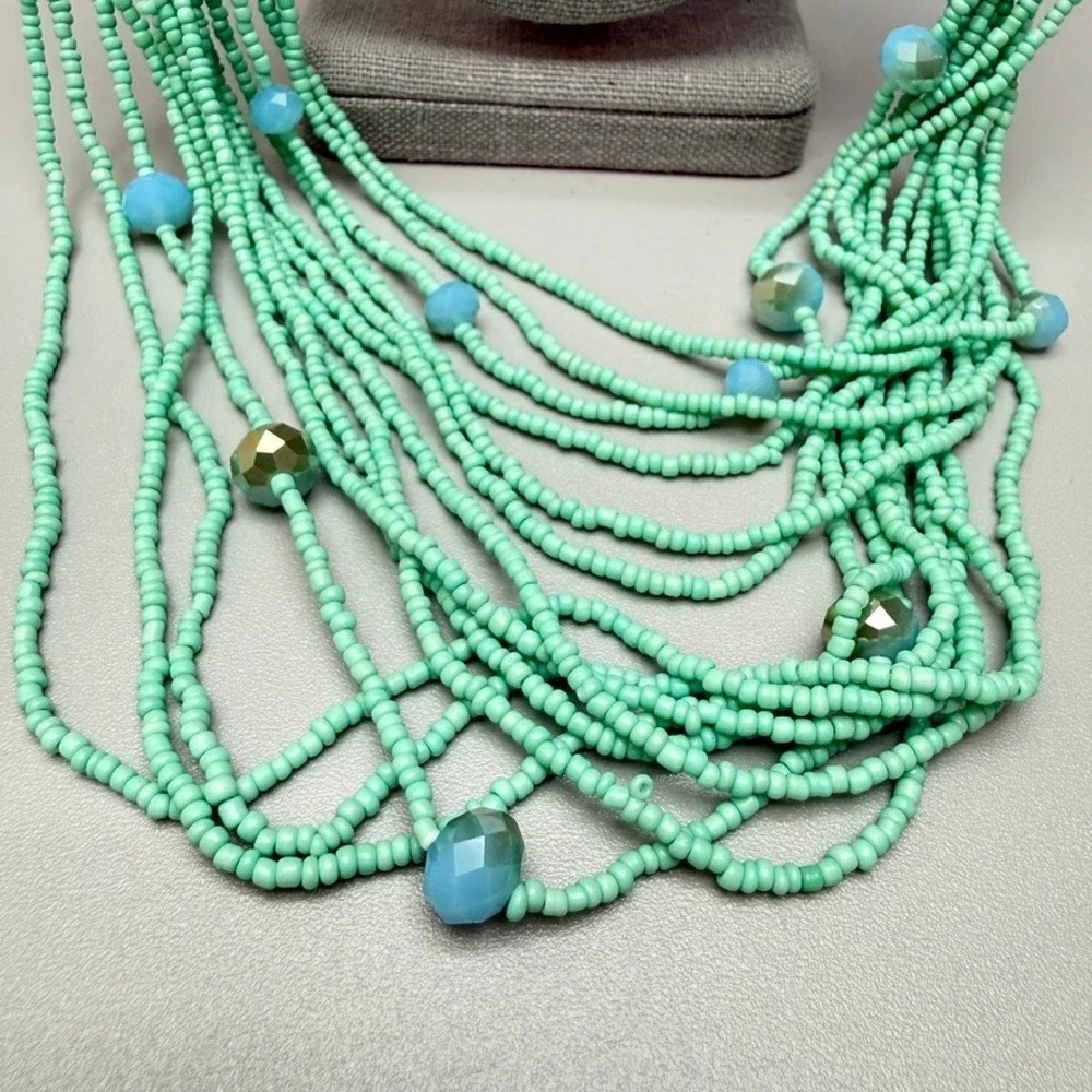Mint‎ Green Seed Bead and Aqua Blue Bead Necklace 27